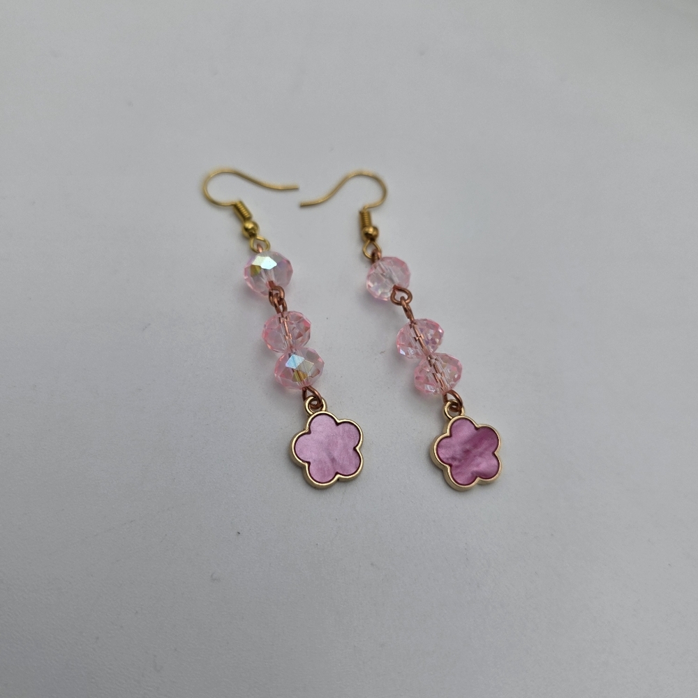 Pink Crystal Flower Dangle Earrings – Gold Hook Handmade Beaded Jewelry - Picture 4 of 5
